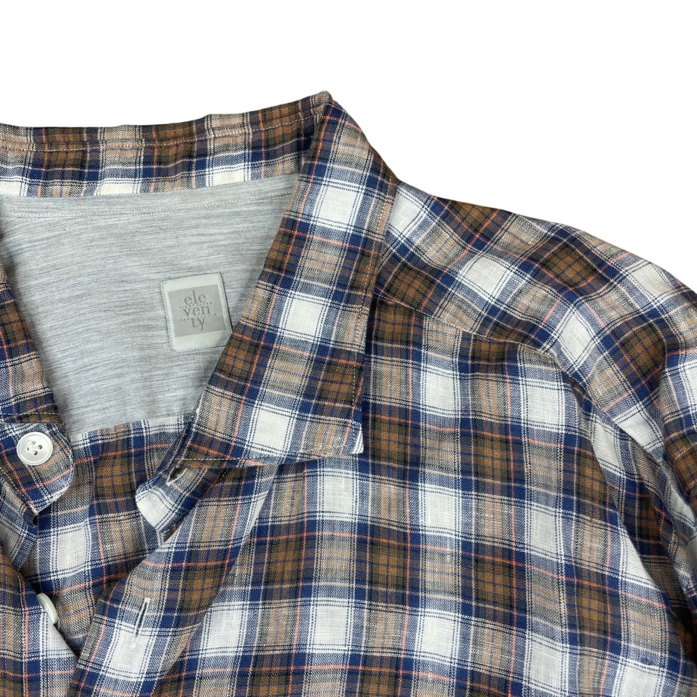eleventy First Class Men's Plaid Button Up Shirt‎ - XXL Brown Blue Cotton Blend